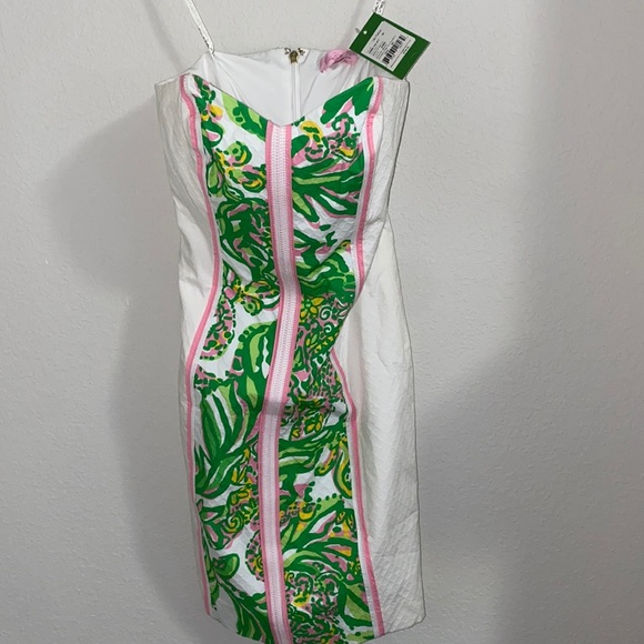 Lily Pulitzer Resort White Seeing Pink Elephants Strapless Dress -NWT